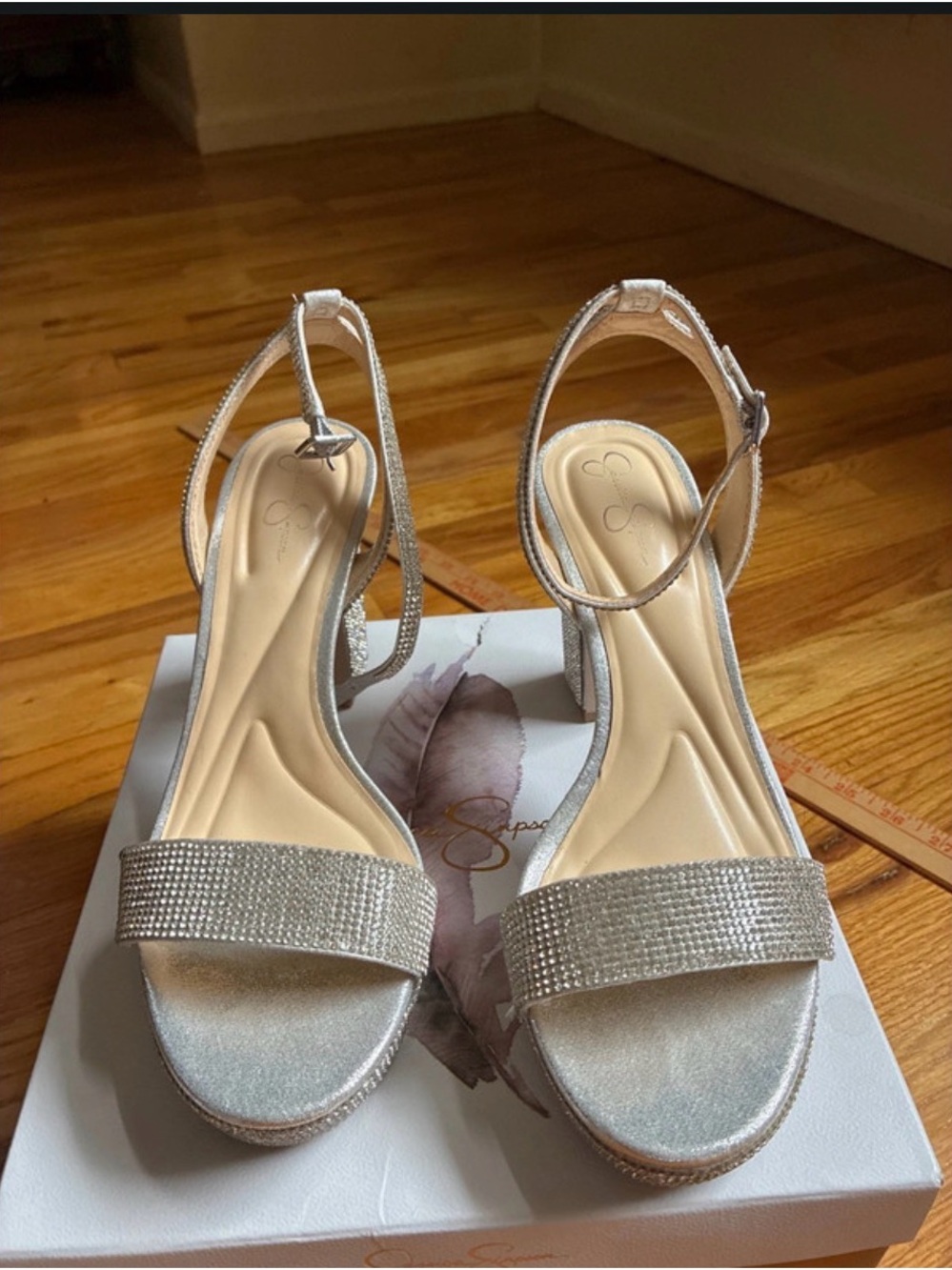 Jessica Simpson Silver Rhinestone Ankle-Strap Heels